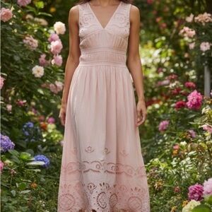 Future collective V-Neck Eyelet Midi Dress in Soft Pink ( Large)